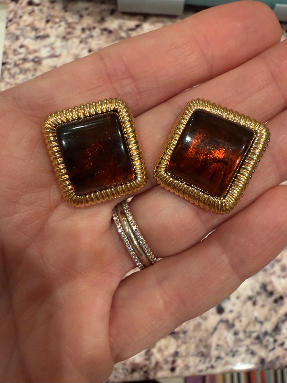 Source Unknown Gold-Tone and Deep Brown Glass Square Clip-On Earrings